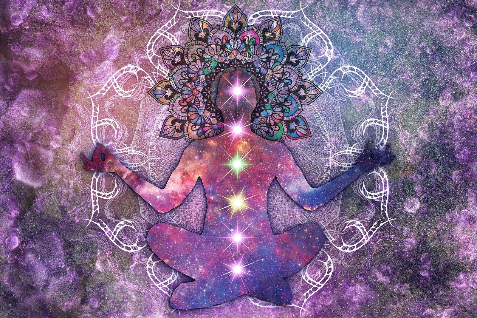 Artwork of a seated meditating figure surrounded by glowing mandala patterns