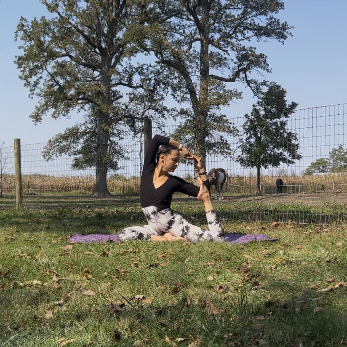 Alee in a seated yoga pose on a mat in an open field