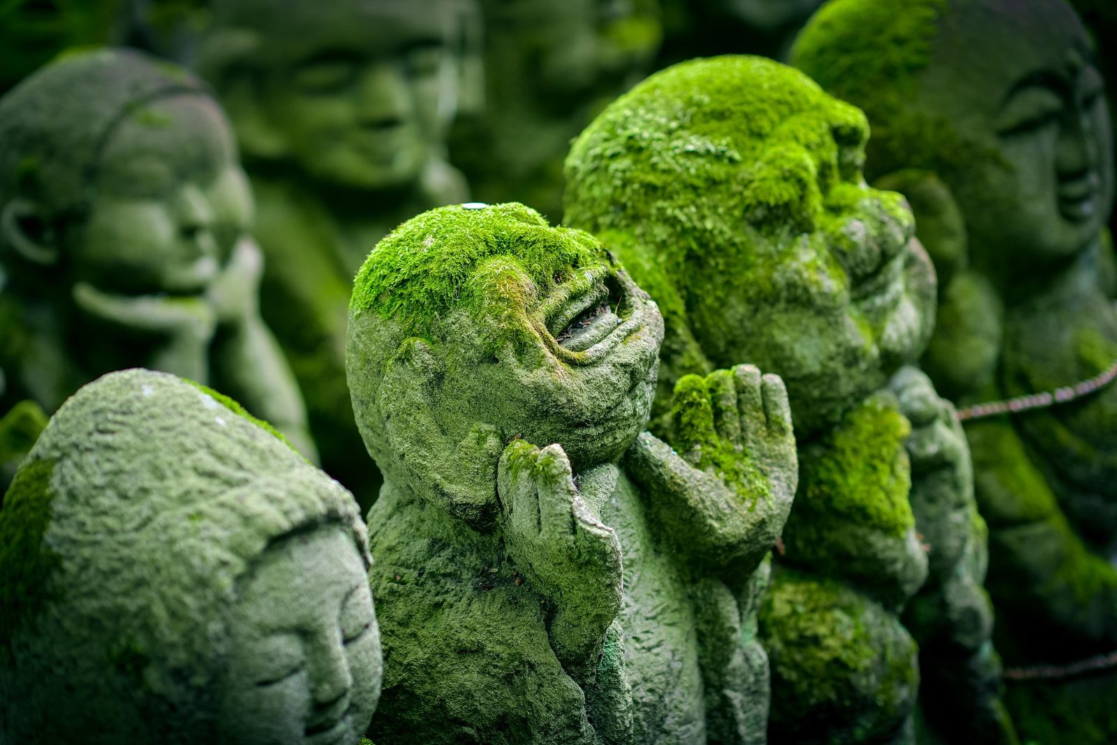 Moss-covered stone figures sitting close together, one with its hands pressed together