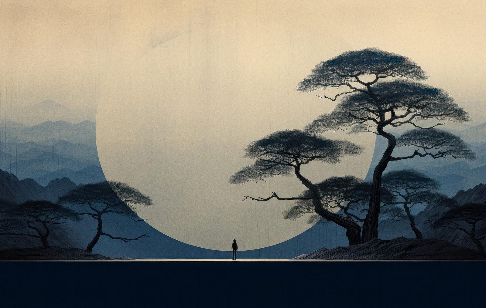 Illustration of pine trees against a large pale moon over misty hills