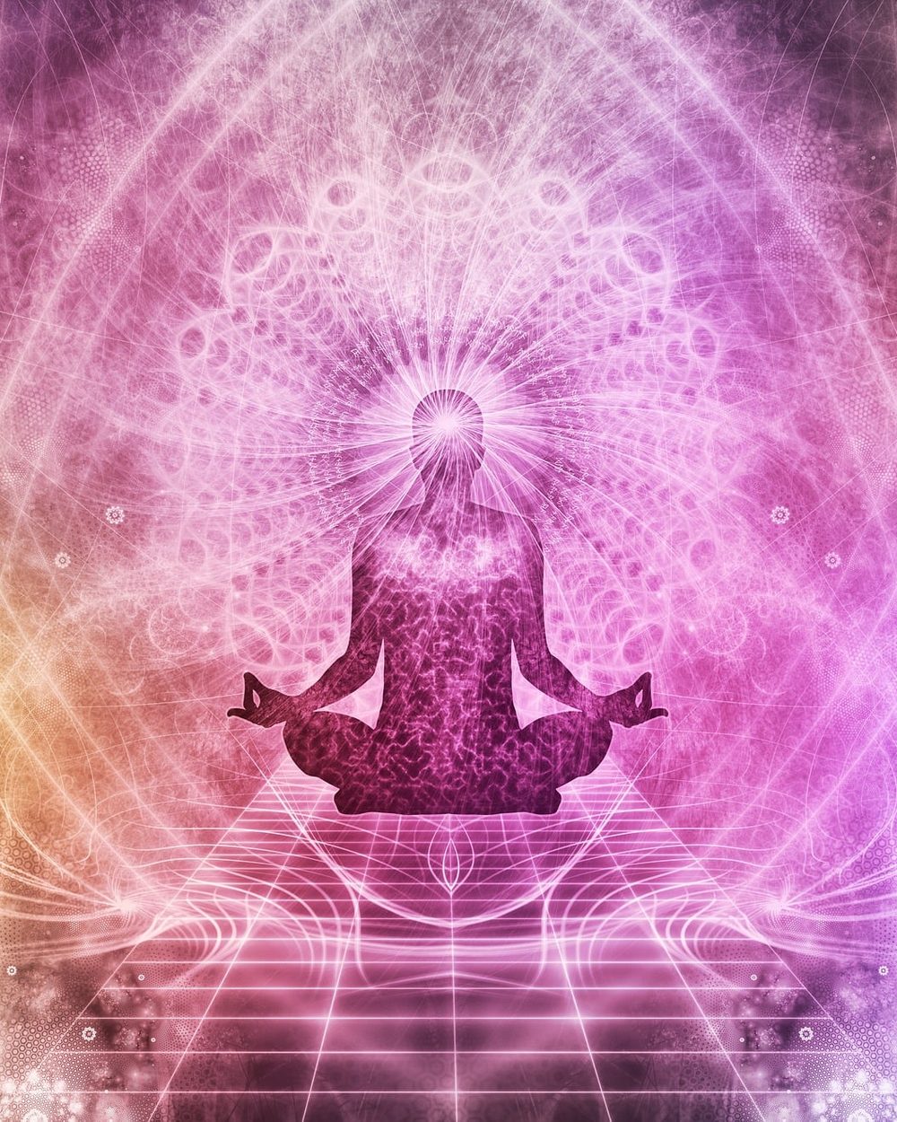 Artwork of a figure seated cross-legged in meditation, surrounded by glowing pink and violet patterns
