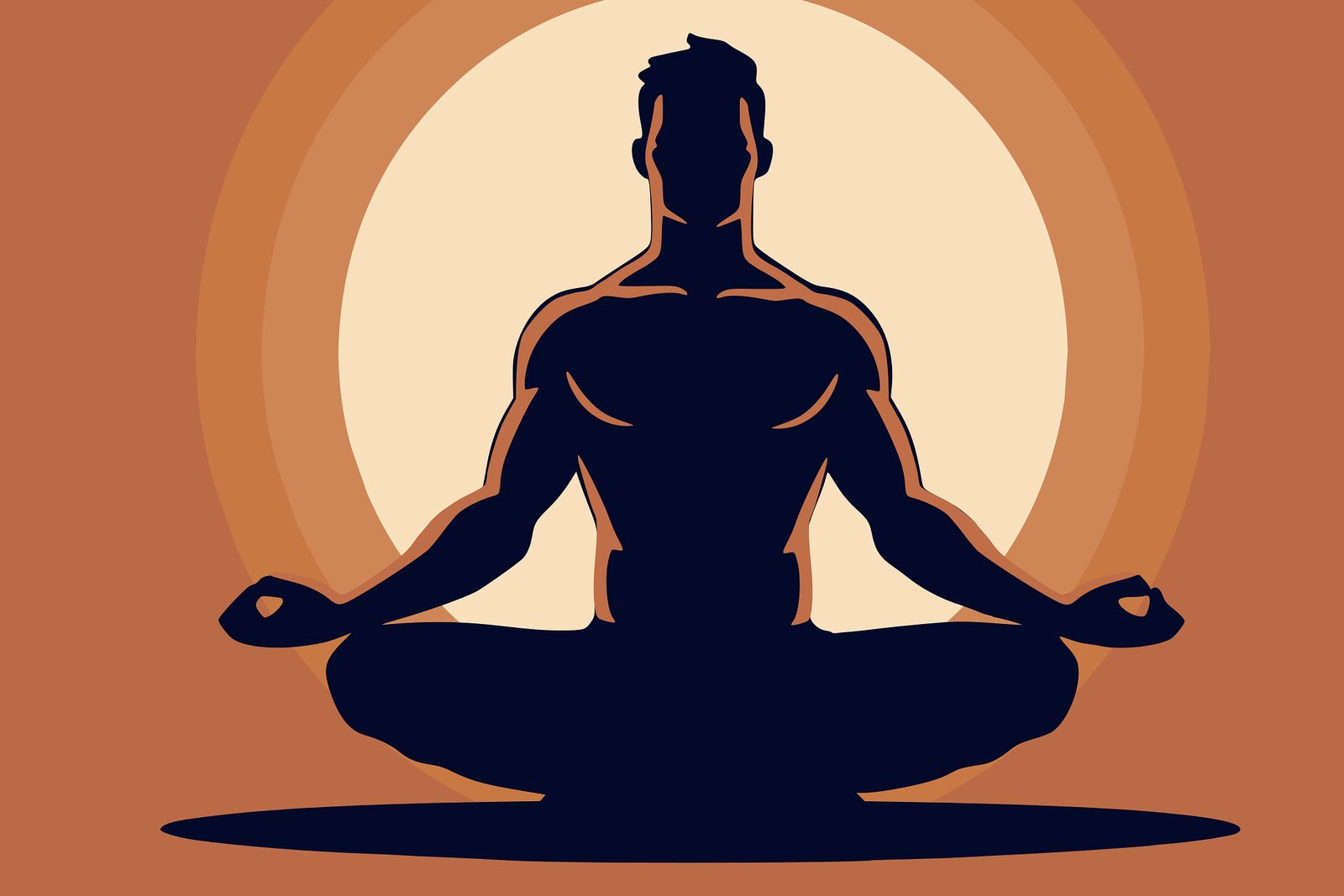 Illustration of a figure seated cross-legged in meditation in front of a pale sun